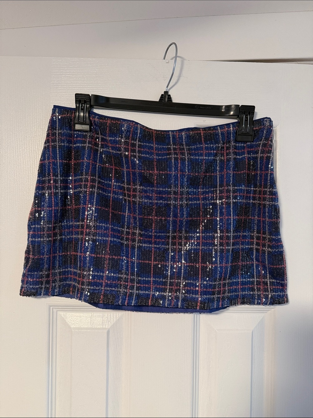 Sequin Plaid Mini Skirt in Navy & Pink